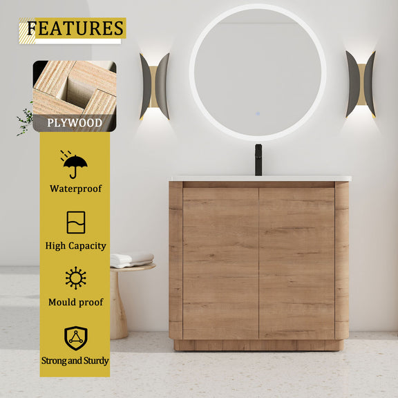 Light brown bathroom vanity with plywood cabinet and integrated ceramic sink, two doors