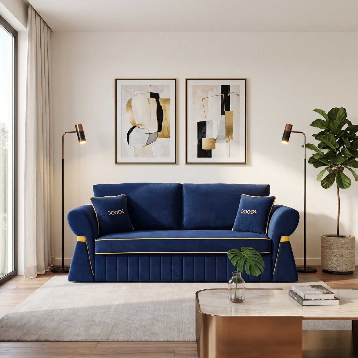 Front view of a blue three-seat sofa with gold trim and two accent pillows