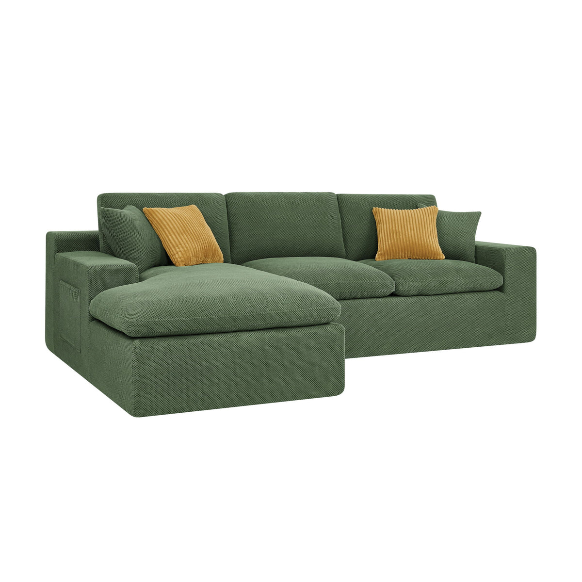 Dark green U-shaped sectional sofa with chaise ottomans and two mustard throw pillows