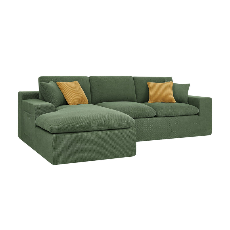 Dark green U-shaped sectional sofa with chaise ottomans and two mustard throw pillows