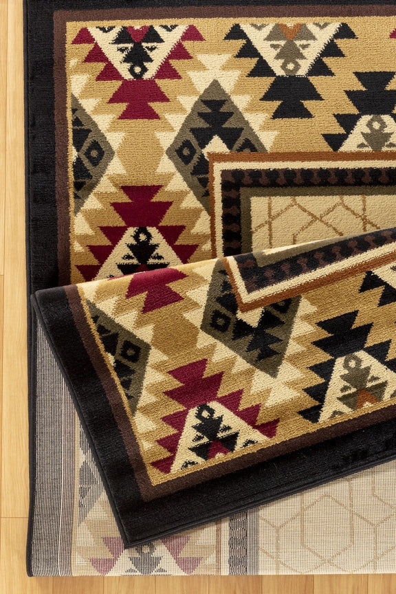 Southwest beige rug with navy border, diamond accents, and maroon geometric motifs