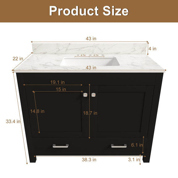Black bathroom vanity dimensions diagram with marble-look top and sink cutout, faucet holes included