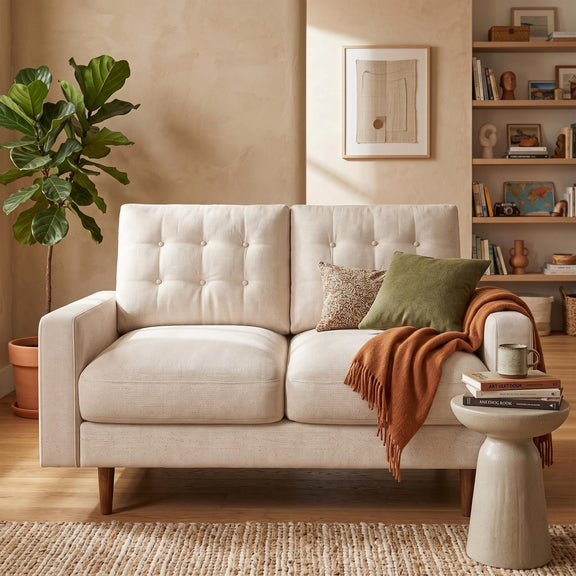 Beige tufted two-seat loveseat sofa with padded arms and tapered wooden legs