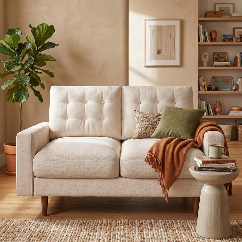 Beige tufted two-seat loveseat sofa with padded arms and tapered wooden legs