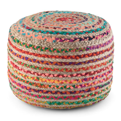Handcrafted round pouf with multicolor braided fabric stripes and solid woven top