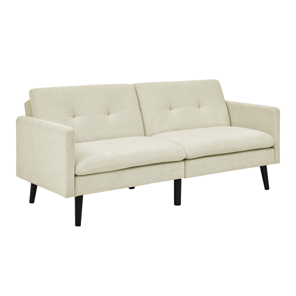 Tufted futon sofa in light beige with two seat cushions and black legs
