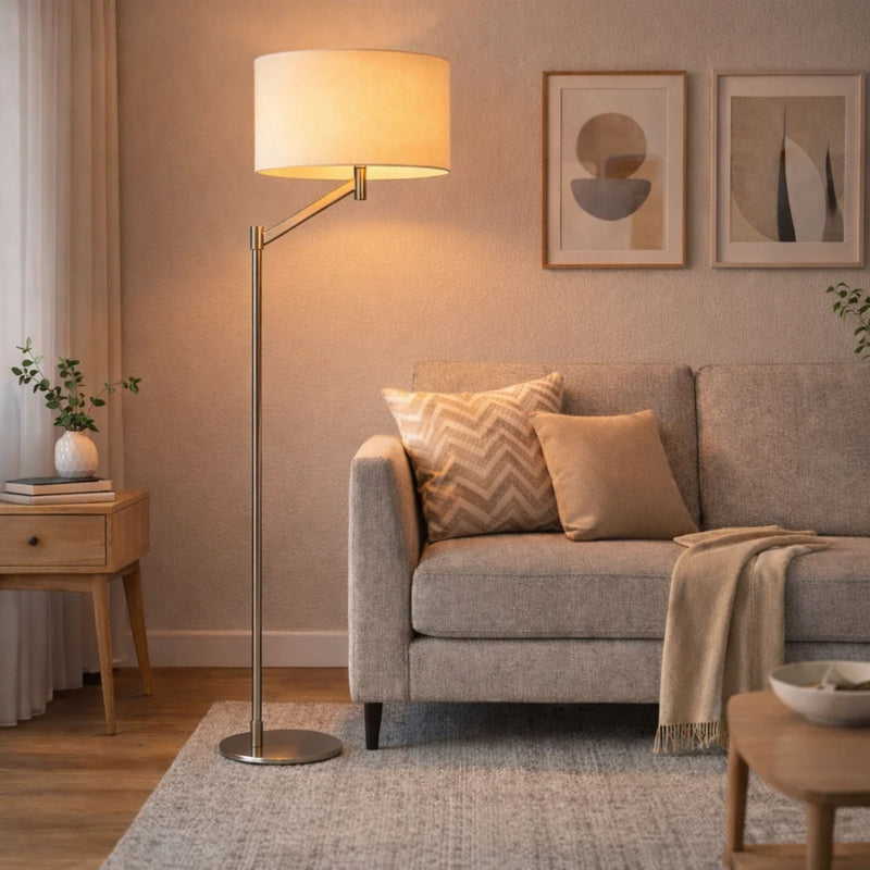 Floor lamp with brushed nickel pole, rotary switch base, and white linen drum shade
