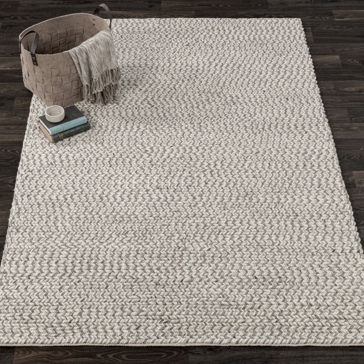 Dawson rug in light gray and cream with chunky chevron-style woven texture