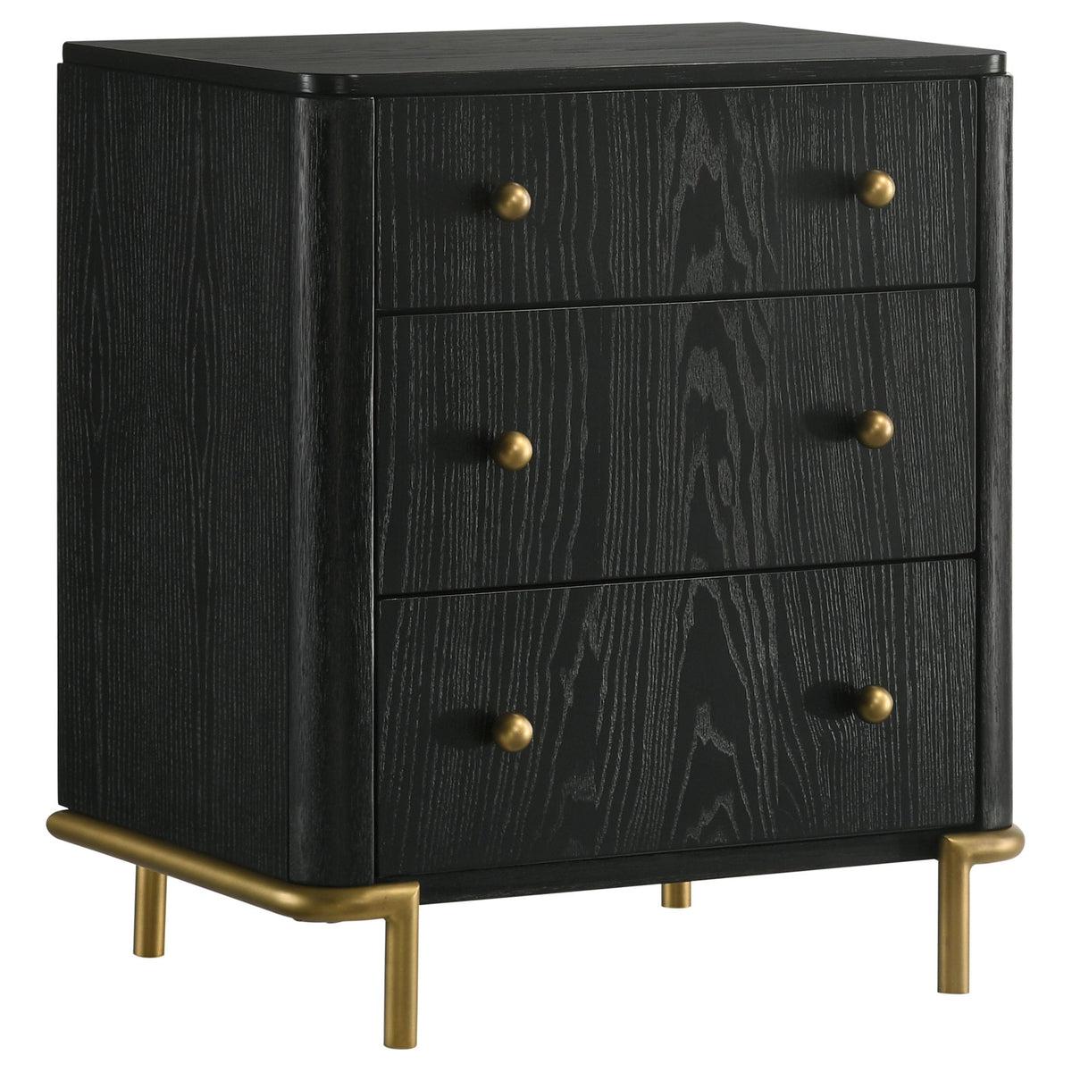 Black 3-drawer nightstand with gold-tone knobs and tapered legs