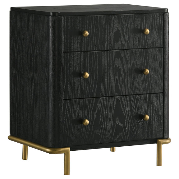 Black 3-drawer nightstand with gold-tone knobs and tapered legs