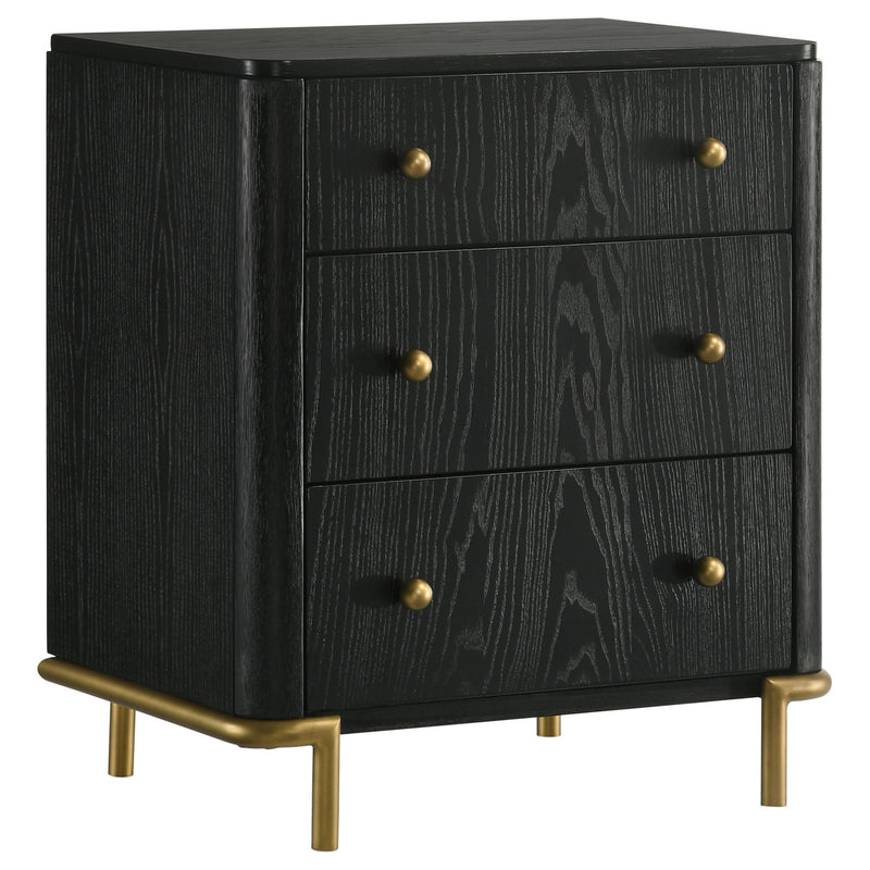 Black 3-drawer nightstand with gold-tone knobs and tapered legs