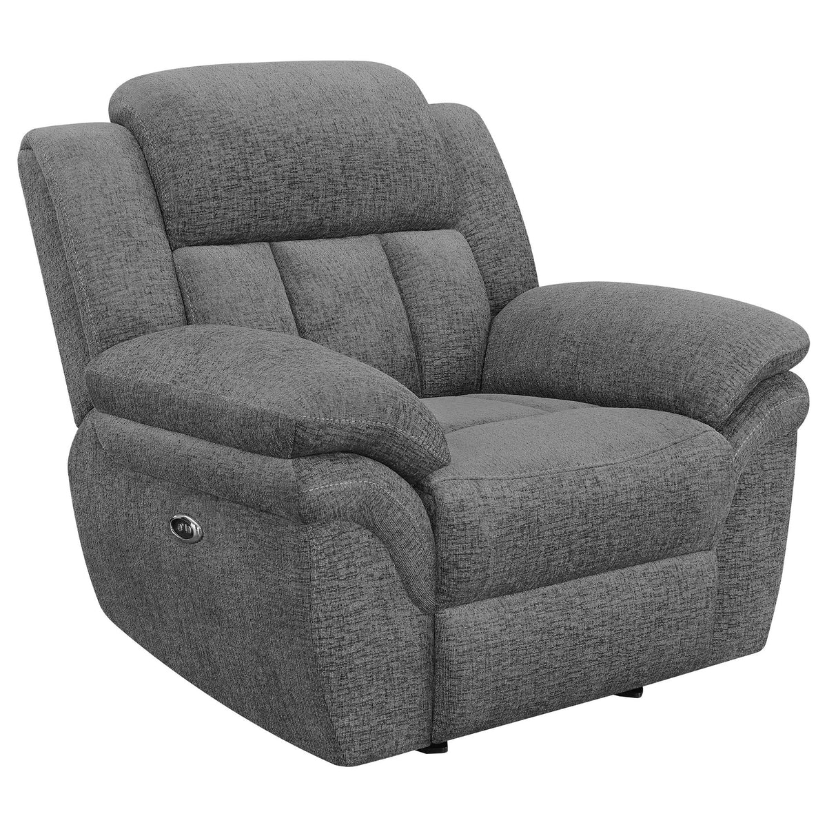Dark gray fabric glider recliner with padded arms, headrest, and round control on the arm.