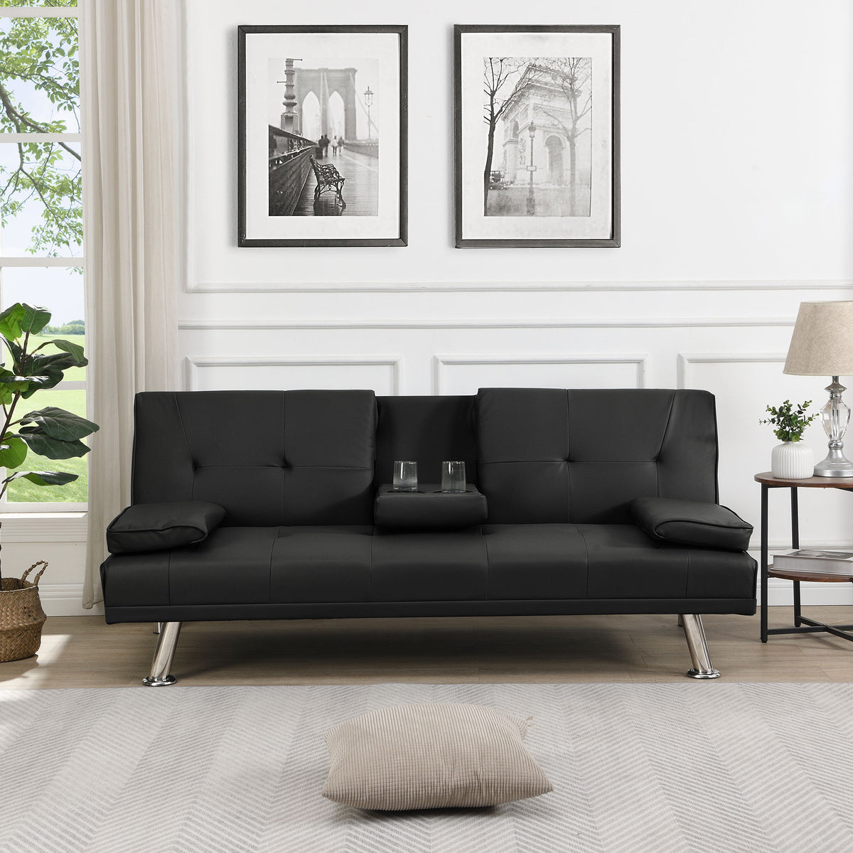 Modern Sofa Bed With Armrest 2 Holders, Wood Frame & Stainless Leg