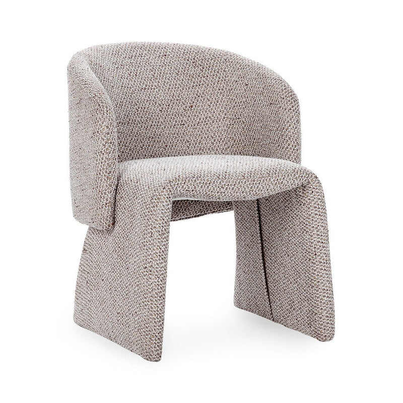 Upholstered dining chair in speckled beige fabric, rounded arms and back