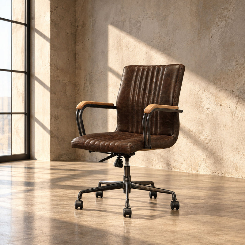 Chocolate-brown office chair with tufted cushioning, armrests, adjustable height, casters