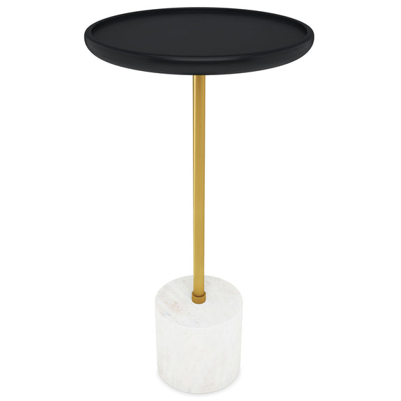 Turner black round side table with a gold stem and white cylindrical base