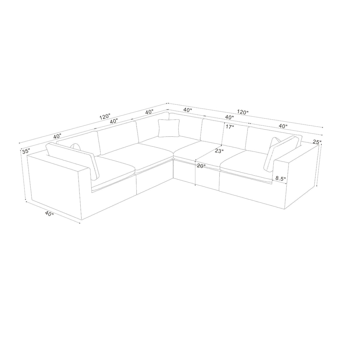 Modular sectional size diagram with labeled dimensions for corner layout