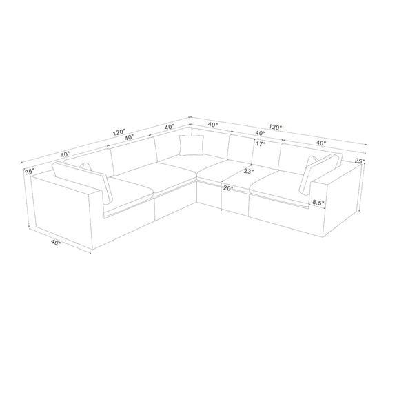Modular sectional size diagram with labeled dimensions for corner layout
