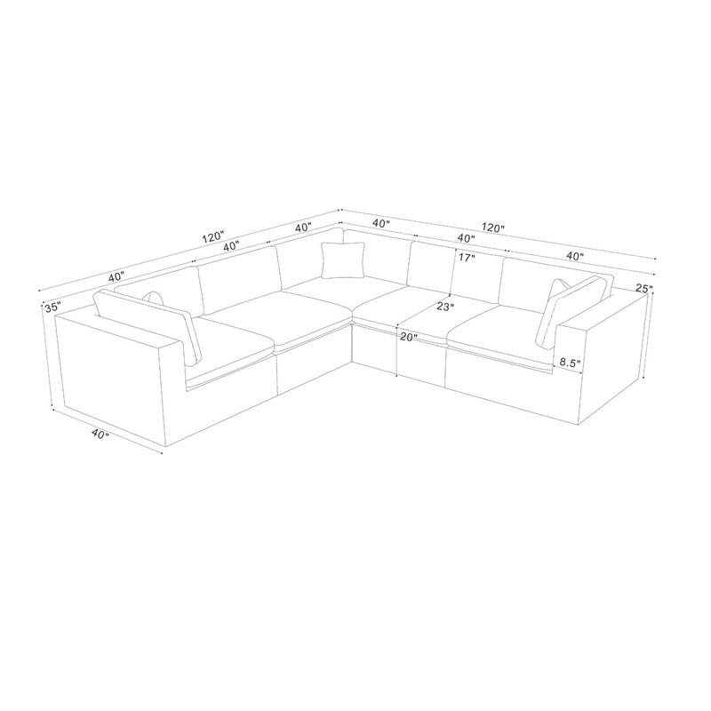 Modular sectional size diagram with labeled dimensions for corner layout