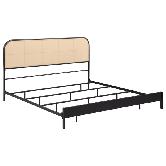 Kenneth radio weave bed with beige fabric headboard and black metal slat frame