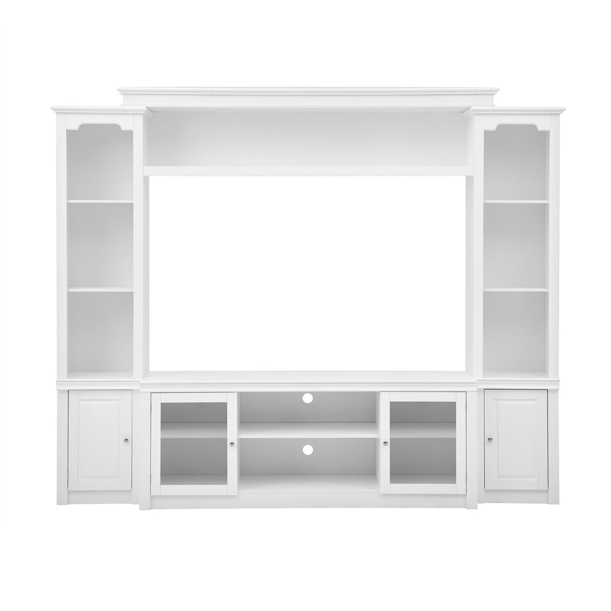 White TV stand with open center shelf and two side bookcase columns