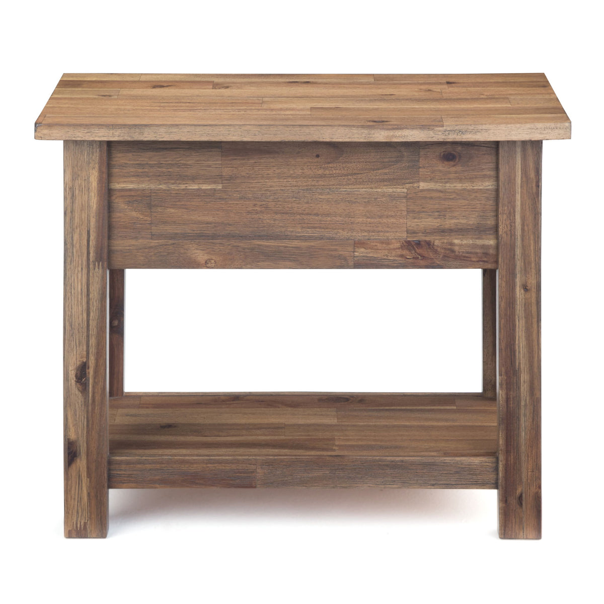 Monroe handcrafted side table, light brown wood with open lower shelf