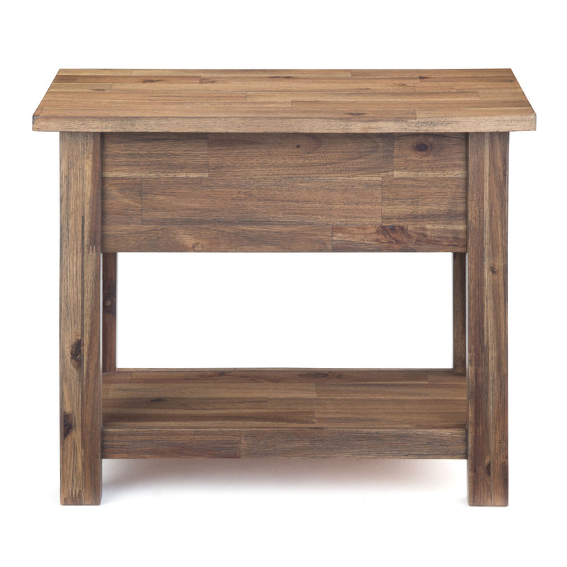 Monroe handcrafted side table, light brown wood with open lower shelf