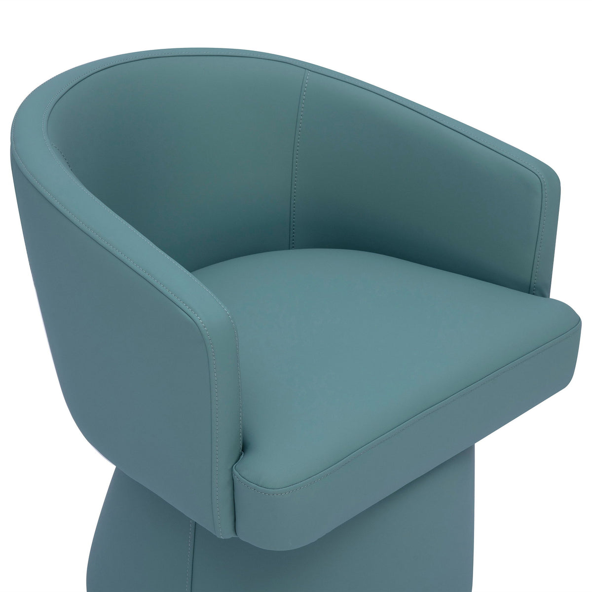 Teal upholstered desk chair with curved arms and cushioned seat