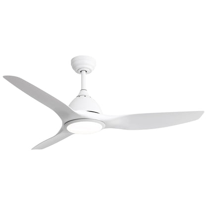 White ceiling fan with LED light and three long gray blades, indoor/outdoor style