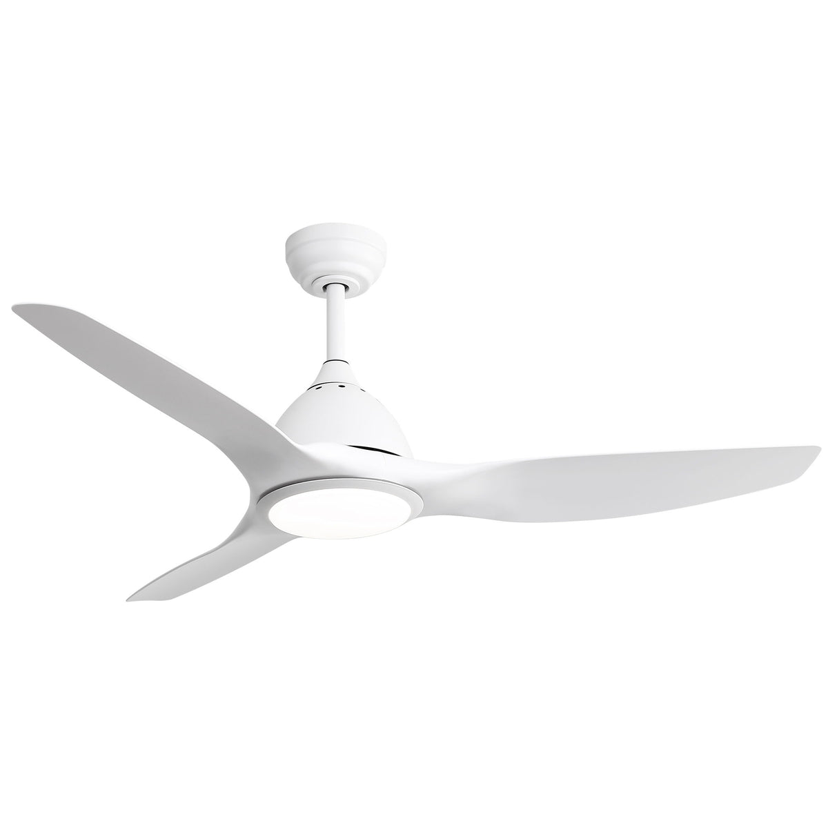 White ceiling fan with 3 blades and integrated light under a round canopy