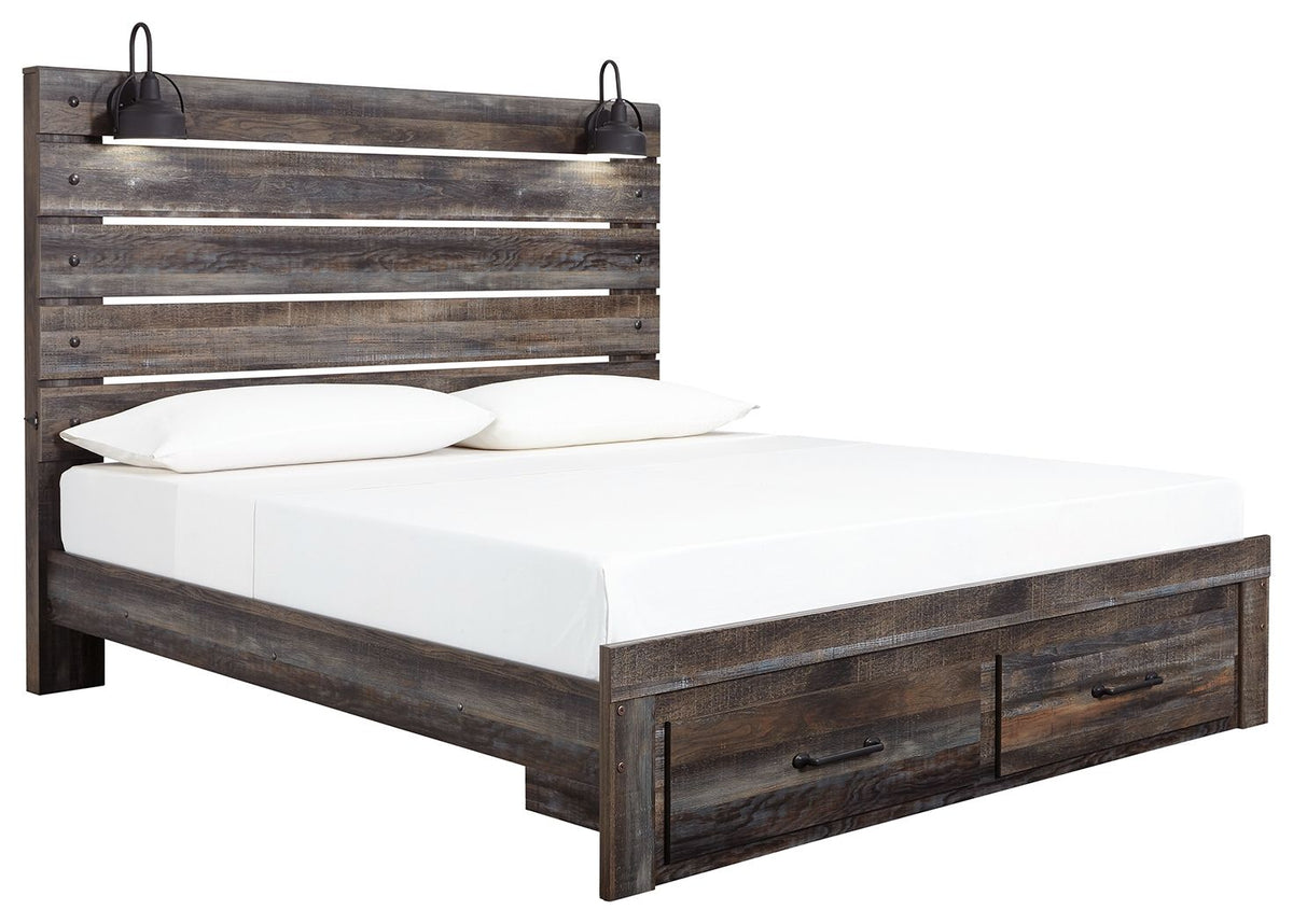 Dark wood panel bed with slatted headboard, white bedding, and drawer storage on the sides