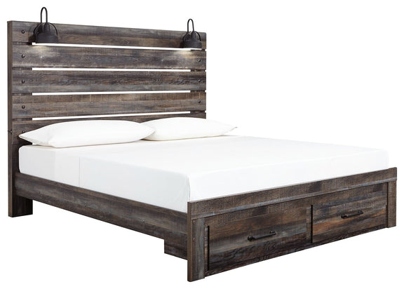 Dark wood panel bed with slatted headboard, white bedding, and drawer storage on the sides