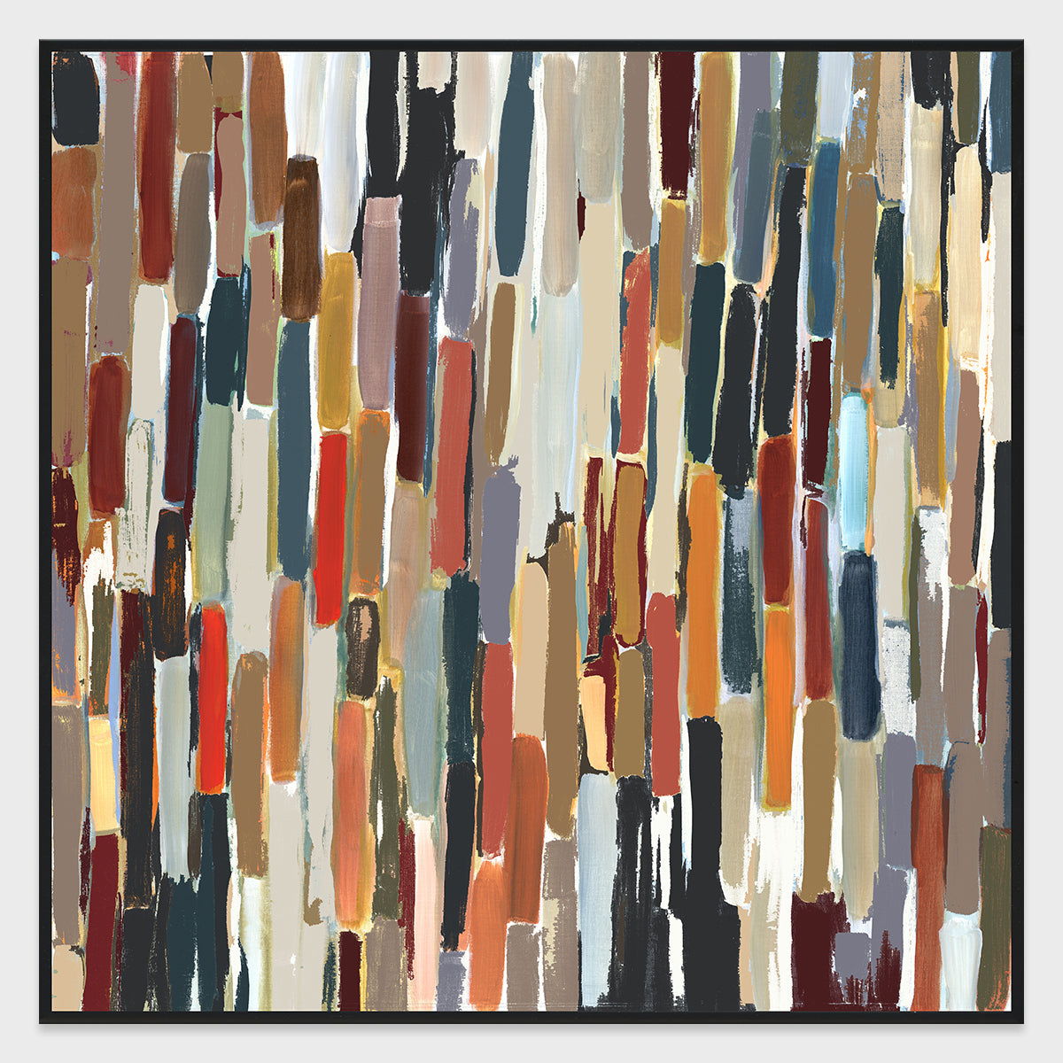 Abstract wall painting with vertical brush strokes in dark gray, cream, and muted colors