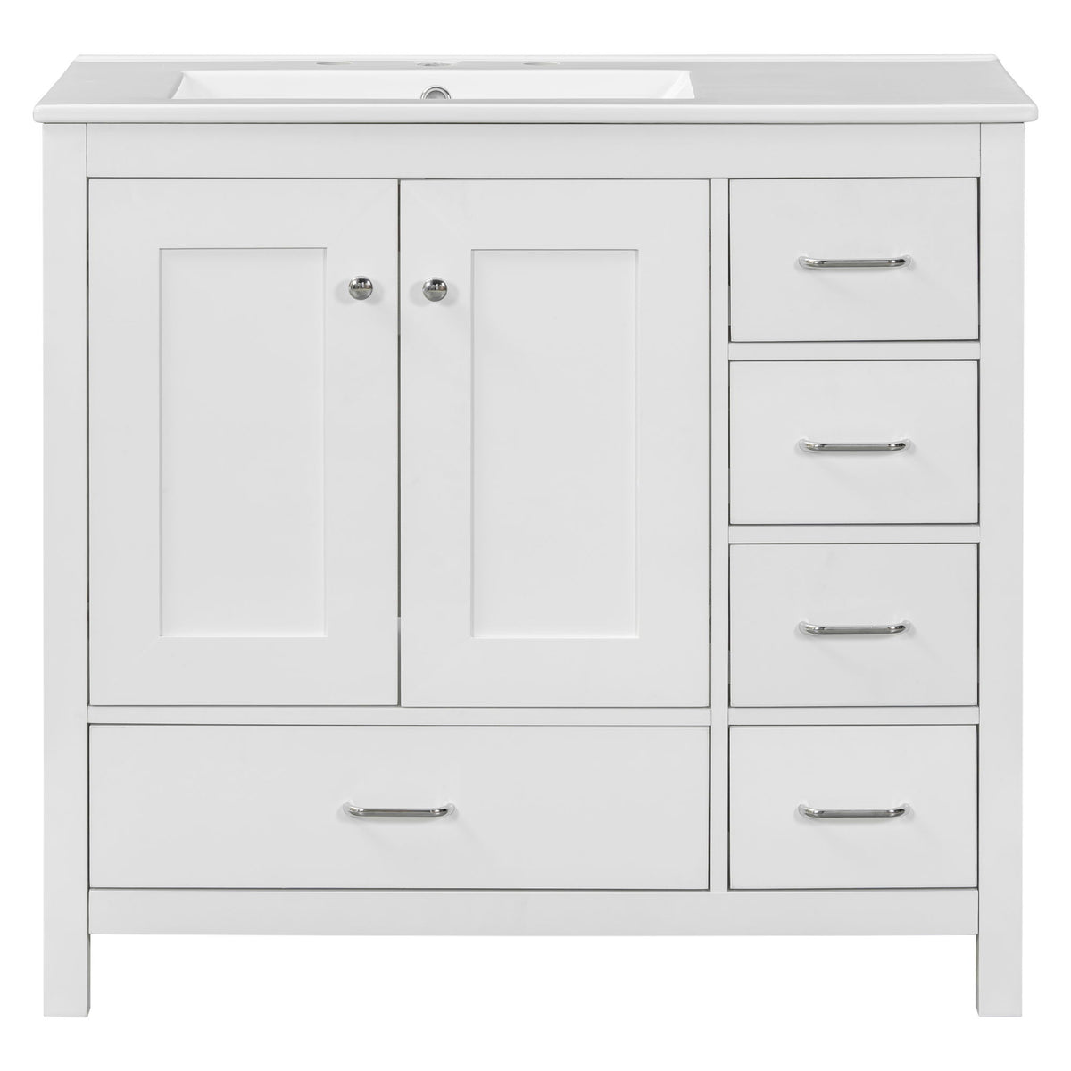 White bathroom vanity with sink combo, two soft-close doors and five drawers