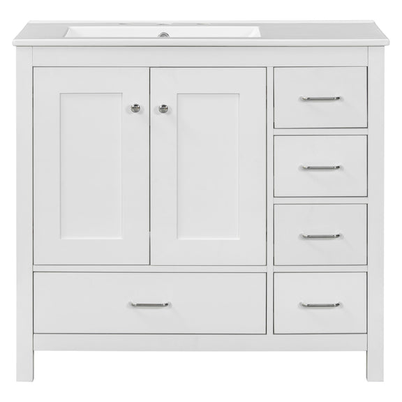 White bathroom vanity with sink combo, two soft-close doors and five drawers