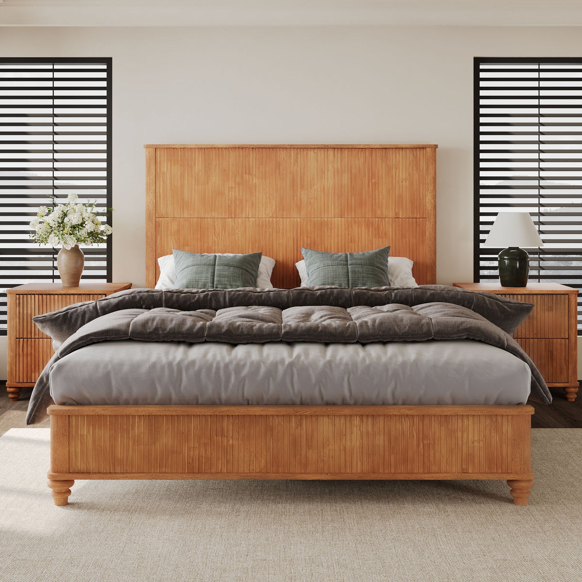 Light brown slatted bed frame and matching two-drawer nightstands in a bedroom