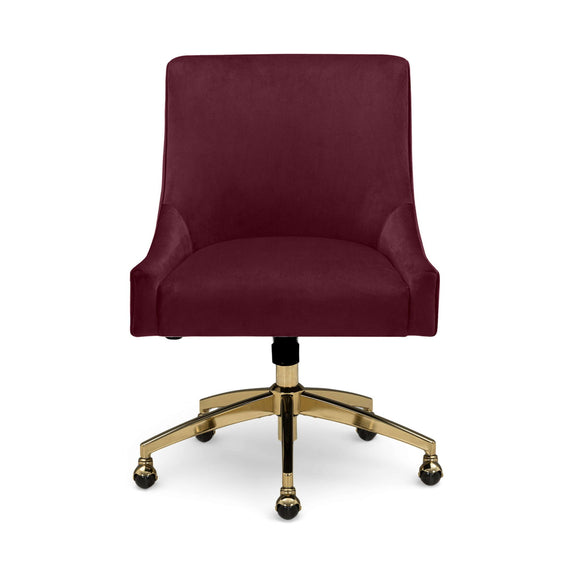 Burgundy office swivel chair with padded arms, gold base, and rolling casters