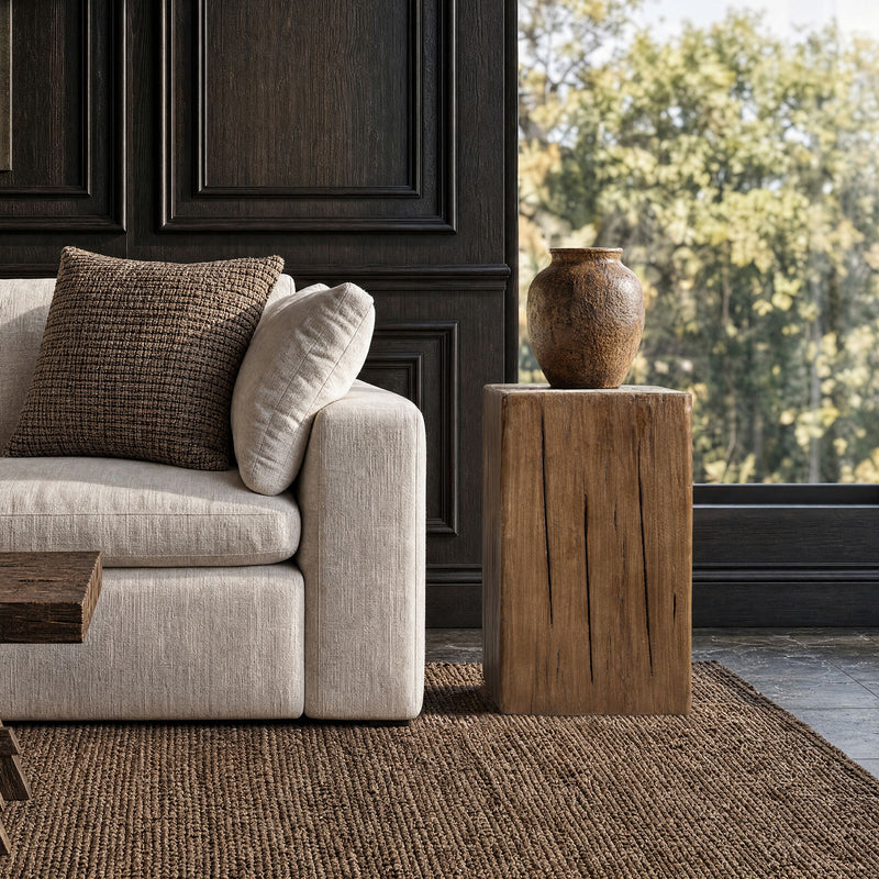 Dark brown block side table with visible vertical wood grain