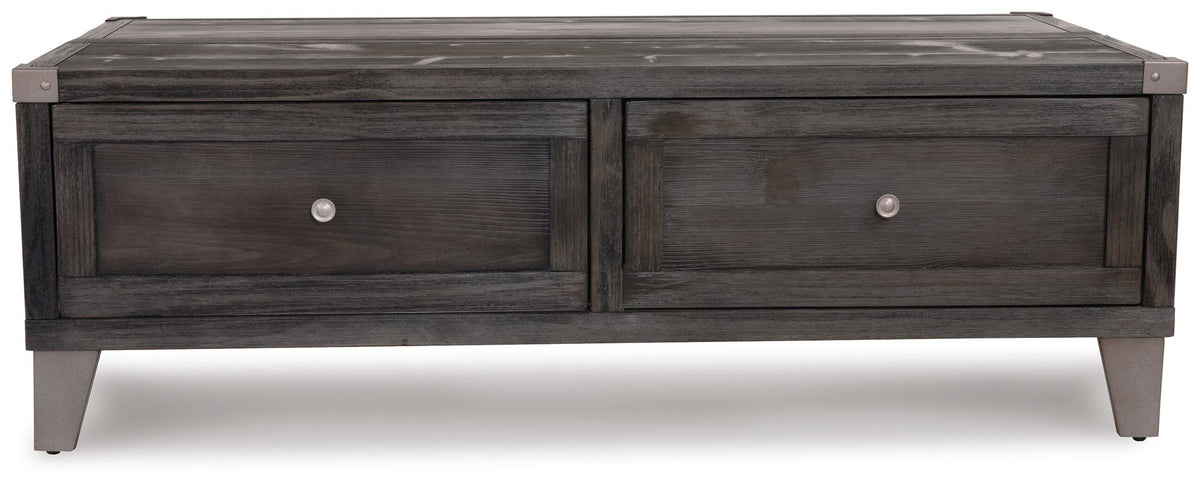 Dark gray lift-top cocktail table with two front drawers and button pulls