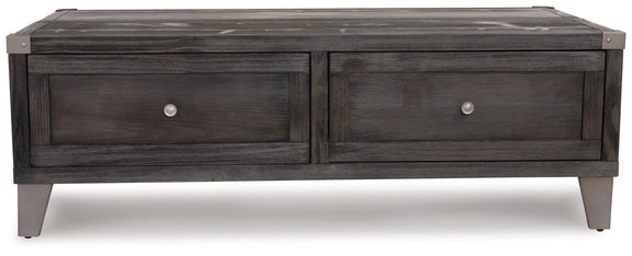 Dark gray lift-top cocktail table with two front drawers and button pulls