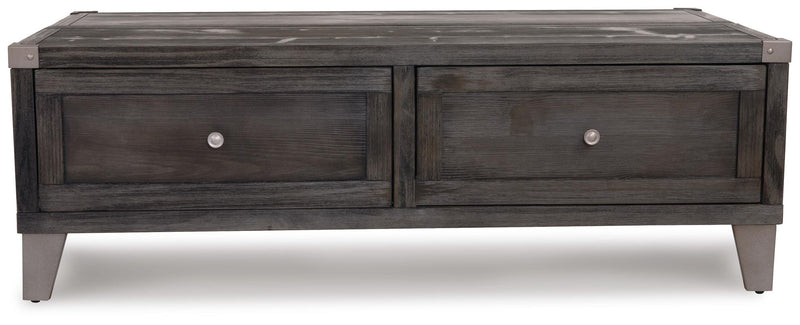 Dark gray lift-top cocktail table with two front drawers and button pulls