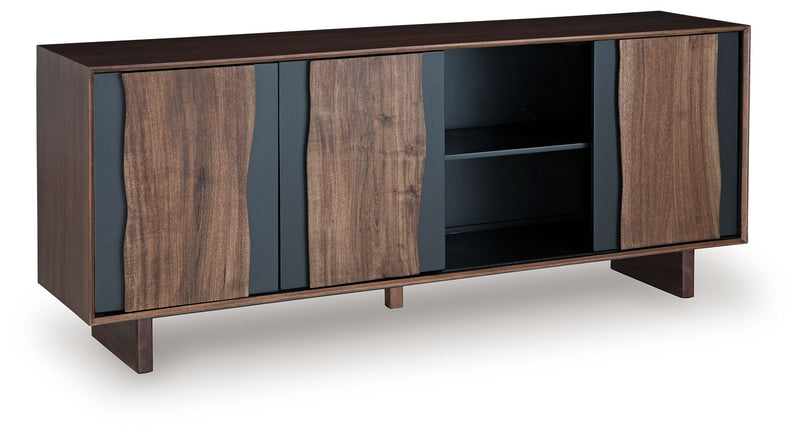 Brown and charcoal accent cabinet with open shelves behind sliding doors