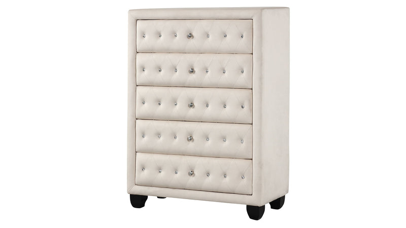 Beige 5-drawer upholstered chest with tufted drawer fronts and low black legs.