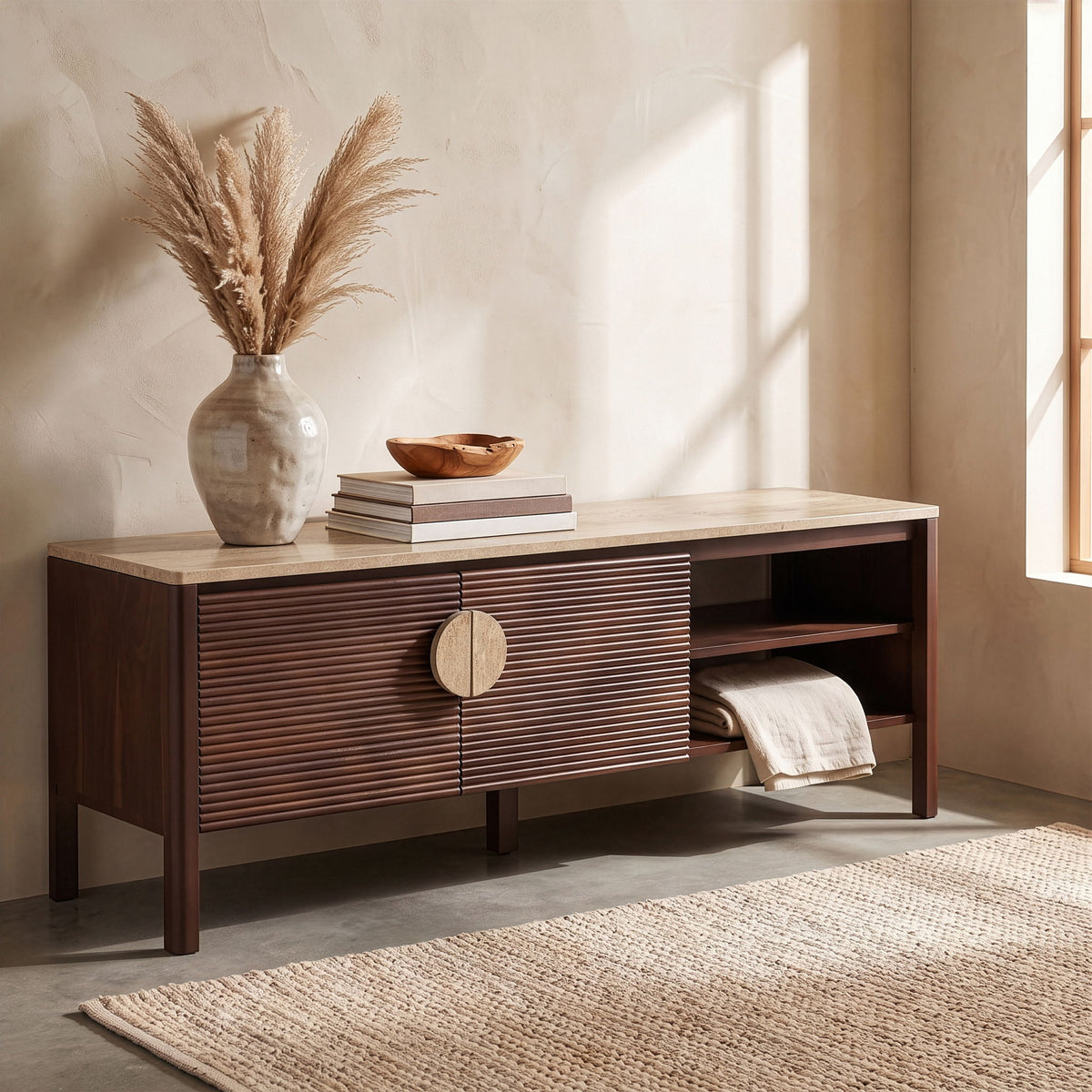 Varenna acacia wood media console with slatted front door and open side shelves, warm wood