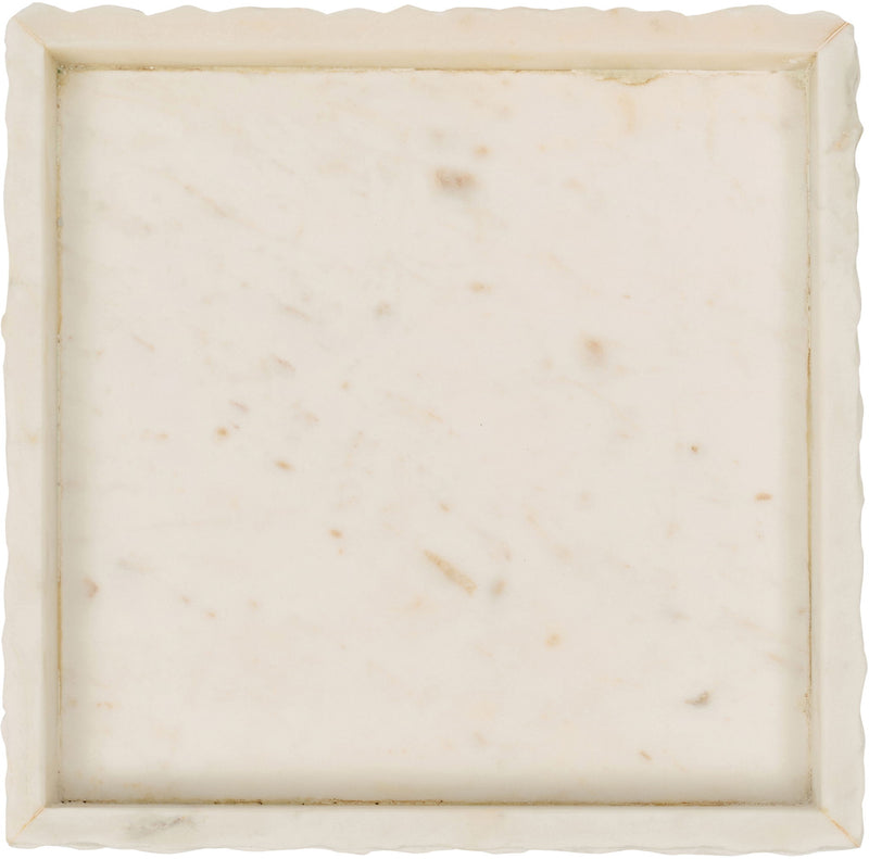 Genuine marble tray with rectangular rim, off-white stone with subtle natural speckles.
