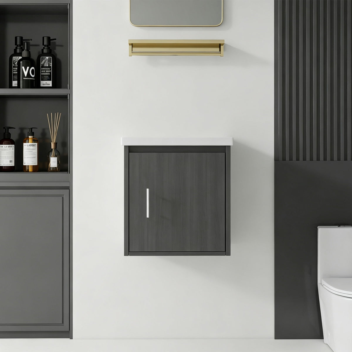 Wall-mounted bathroom vanity cabinet, dark gray door panel with vertical pull handle