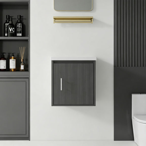 Wall-mounted bathroom vanity cabinet, dark gray door panel with vertical pull handle