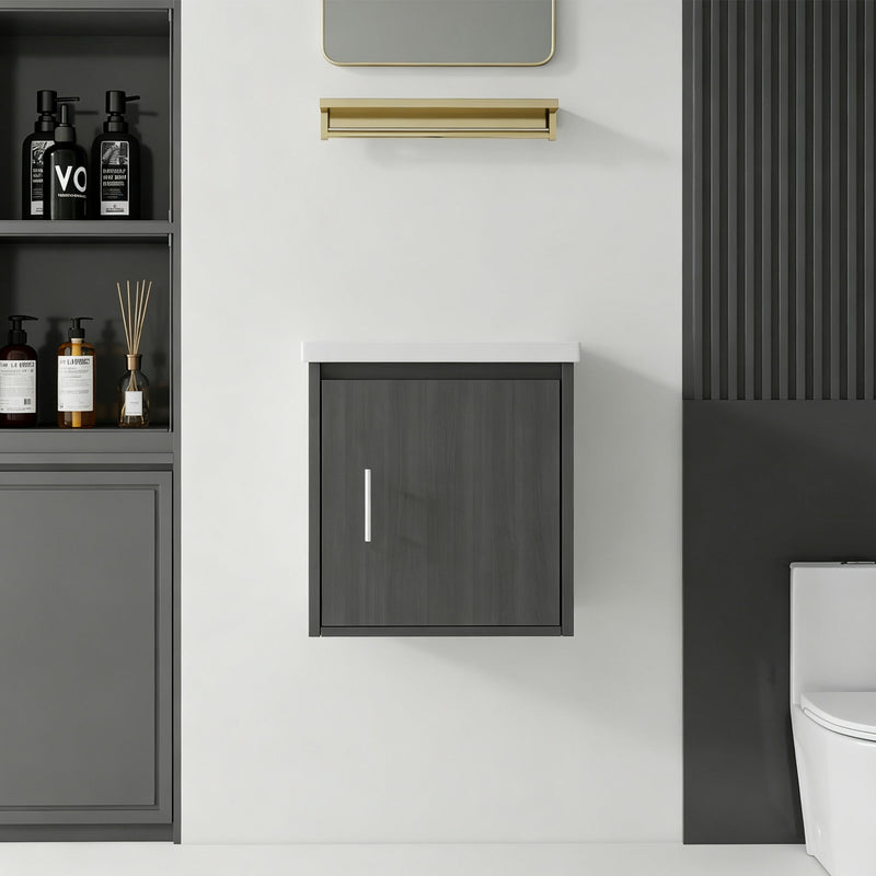 Wall-mounted bathroom vanity cabinet, dark gray door panel with vertical pull handle