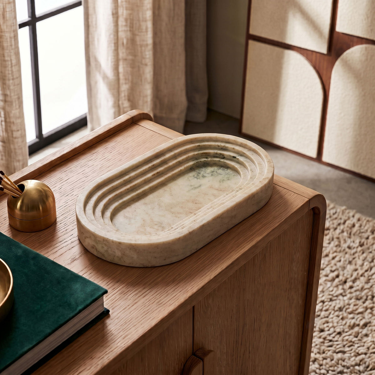 Marble tray with oval wooden base, light gray veined concentric inlay center