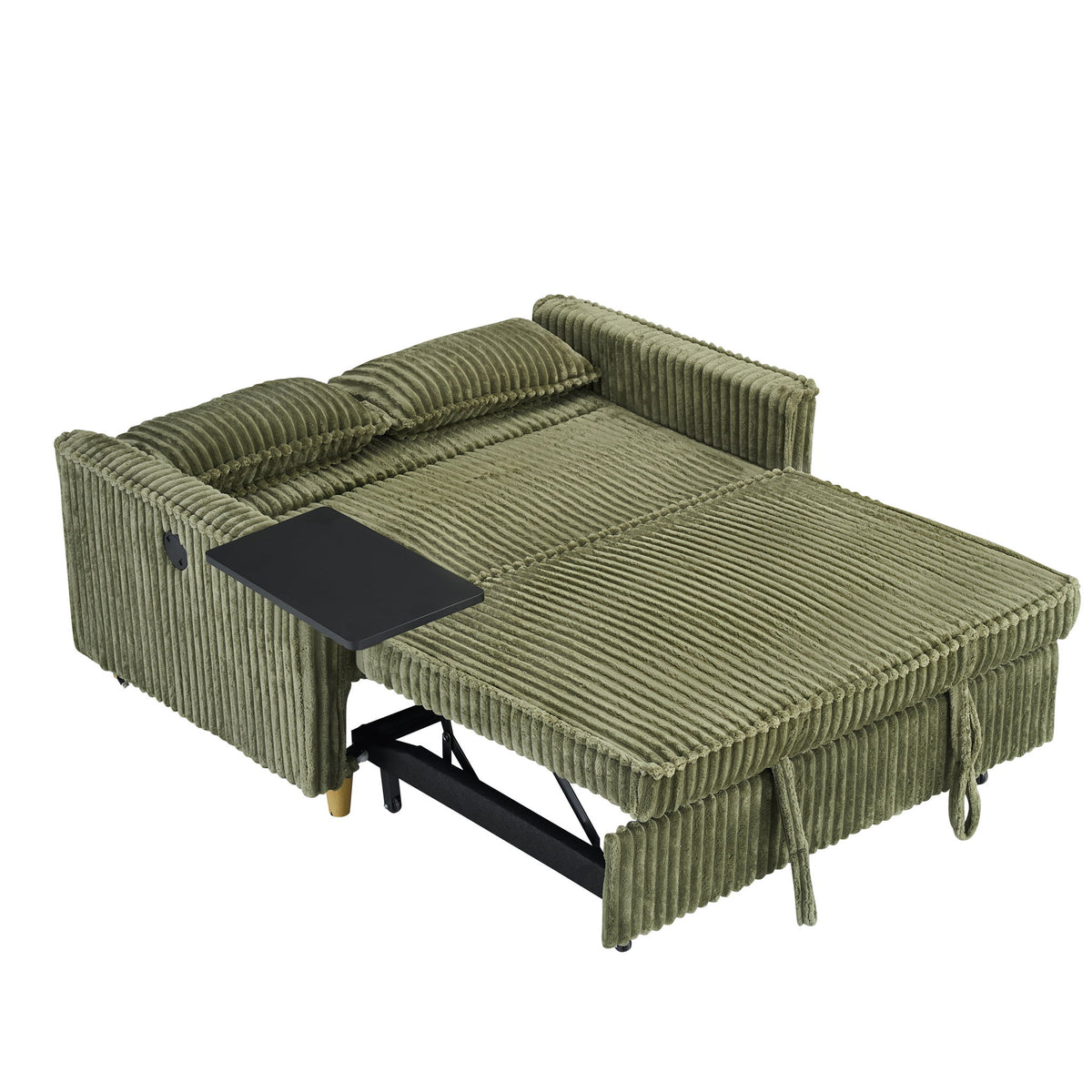 Corduroy pull-out sofa with movable tabletop, green fabric, fold-out daybed section